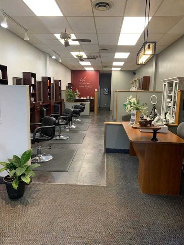 Salon interior with styling stations, chairs, desk, plants, and products on shelves.