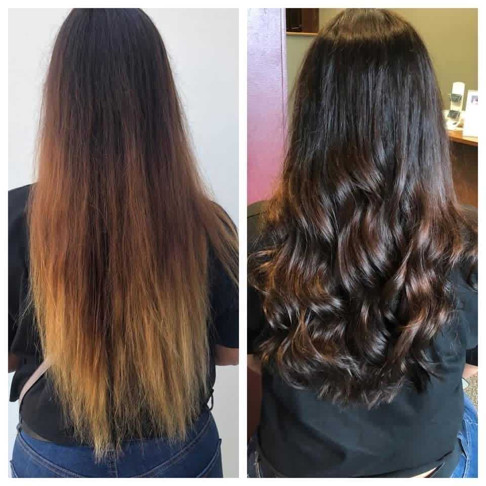 Before and after hair transformation with color and styling changes.